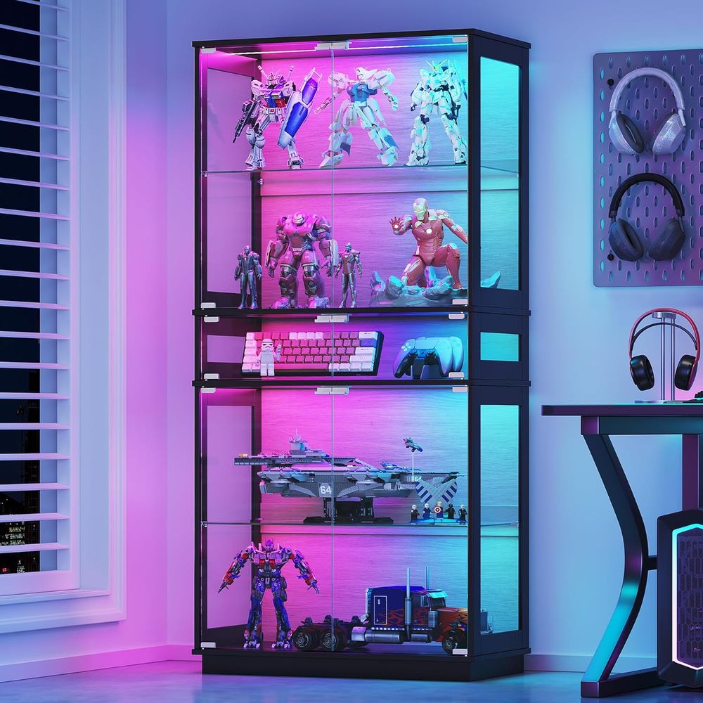 Glass Cabinet Display - 5-Tier LED Lighted Glass Display Cabinet