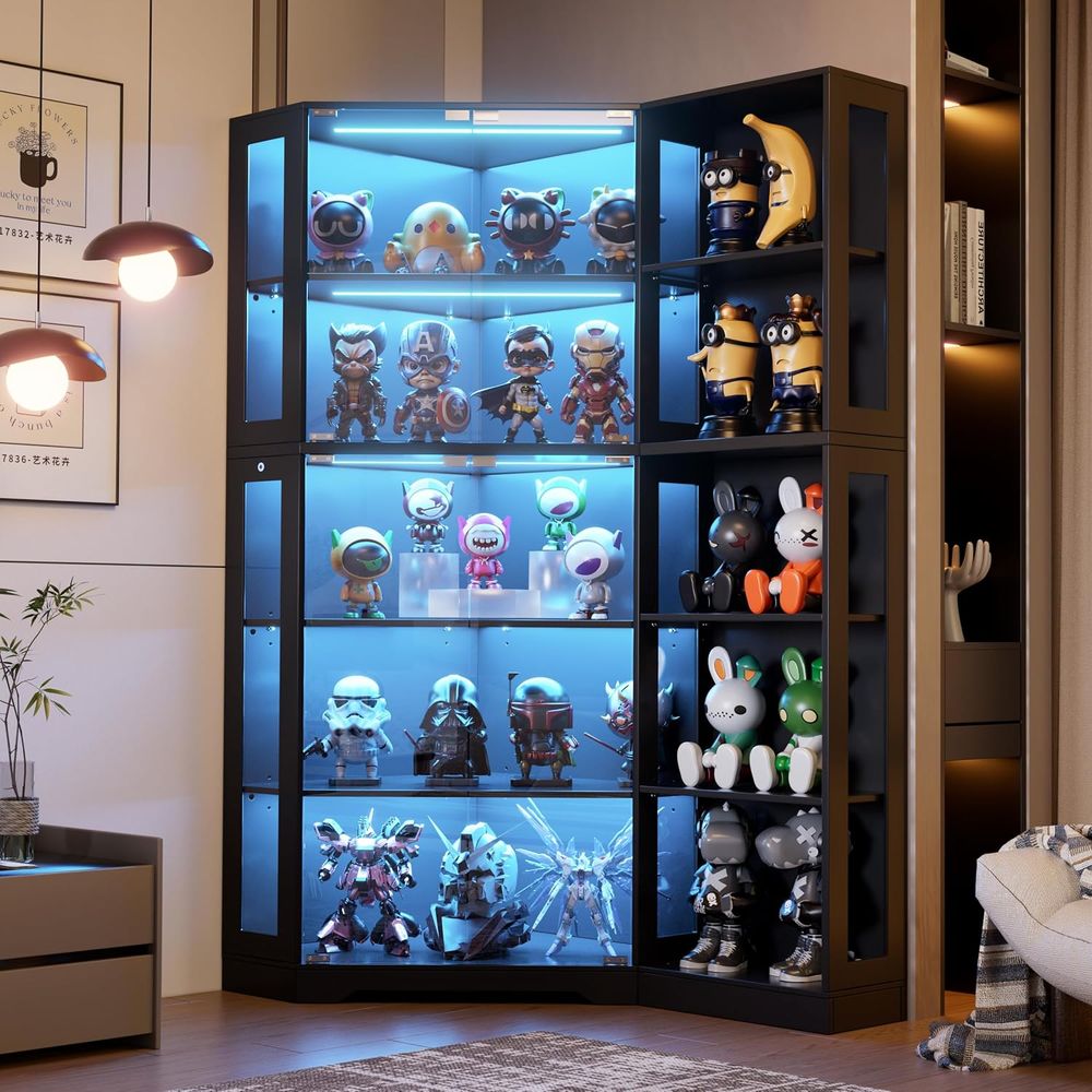 Glass Cabinet Display - 5-Tier LED Lighted Glass Display Cabinet